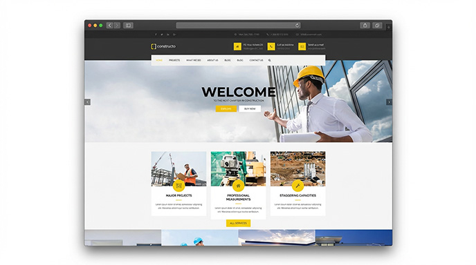 Strona główna motywu WordPress Constructo z hero sekcją z koparką